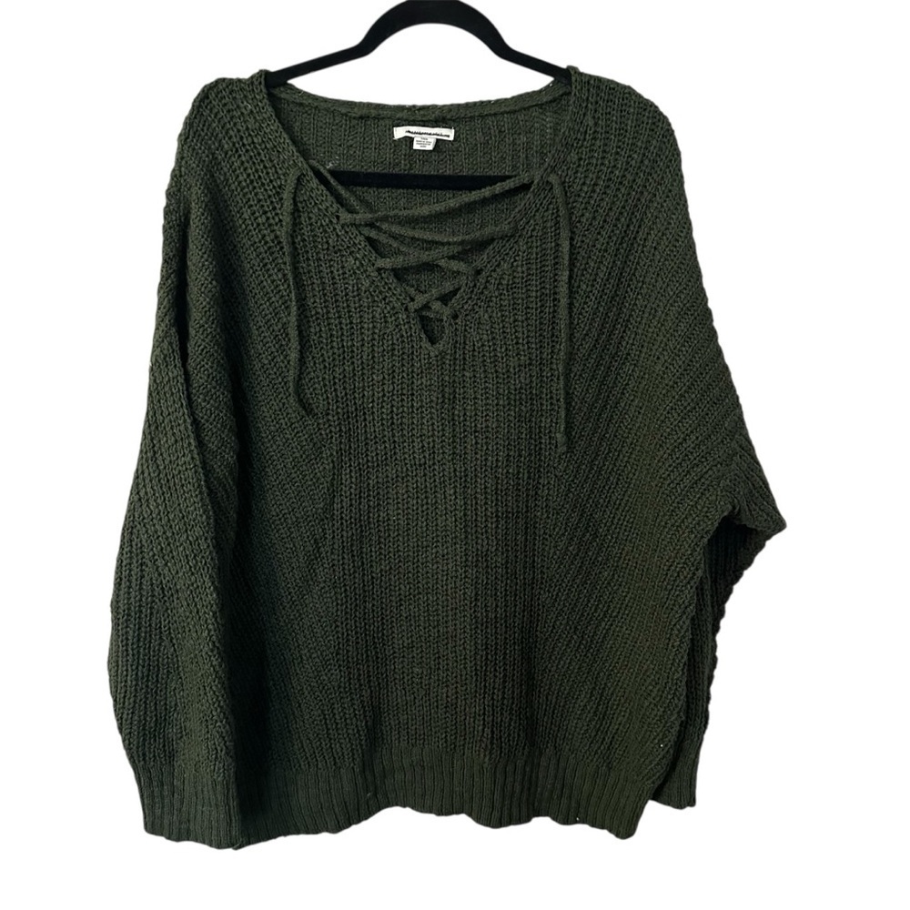 American Eagle Women’s Long Sleeve Cable Knit Lace Up V-Neck Sweater Sz L NWOT